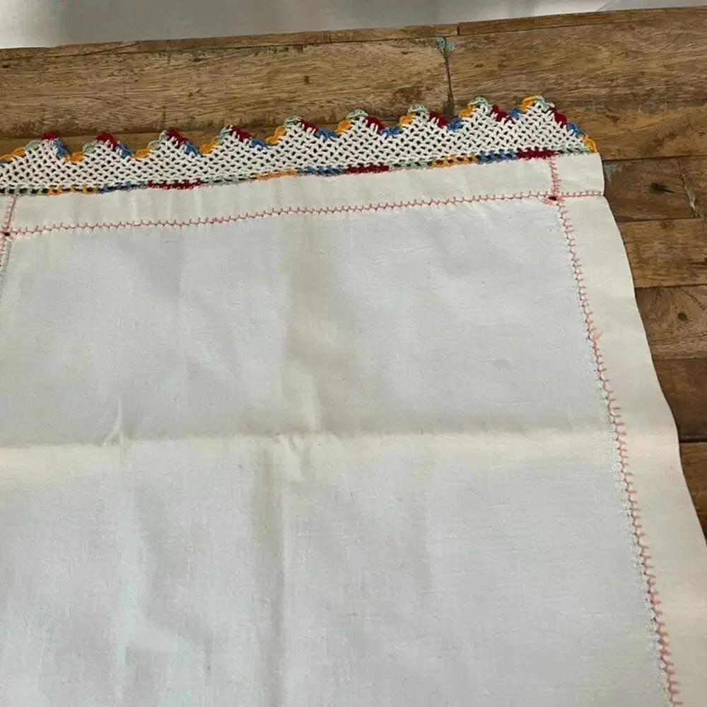 Vintage Handmade Cream Linen Table Runner Colorful Crochet Lace Edge